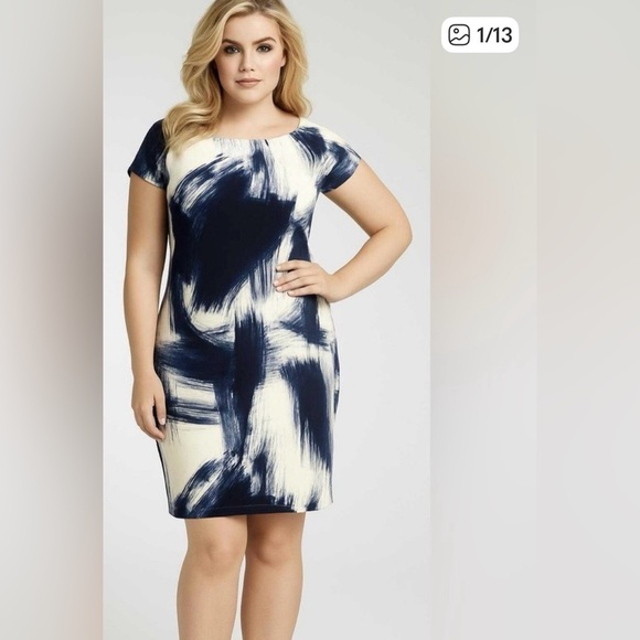 CHICO’S Women’s Blue & White Print Summer Sheath Dress Cap Sleeves Size 16 - Picture 14 of 14